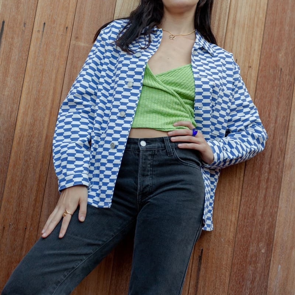 SOLD Lisa Says Gah Blue and Cream Checkered Jacket